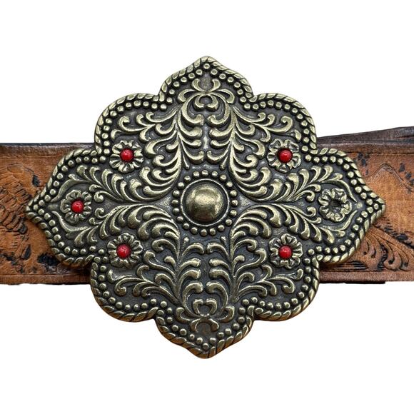 Western Leather Fancy Buckle Belt SZ 38 Women’s Brown Large Buckle Tooled Eagle - Picture 6 of 10
